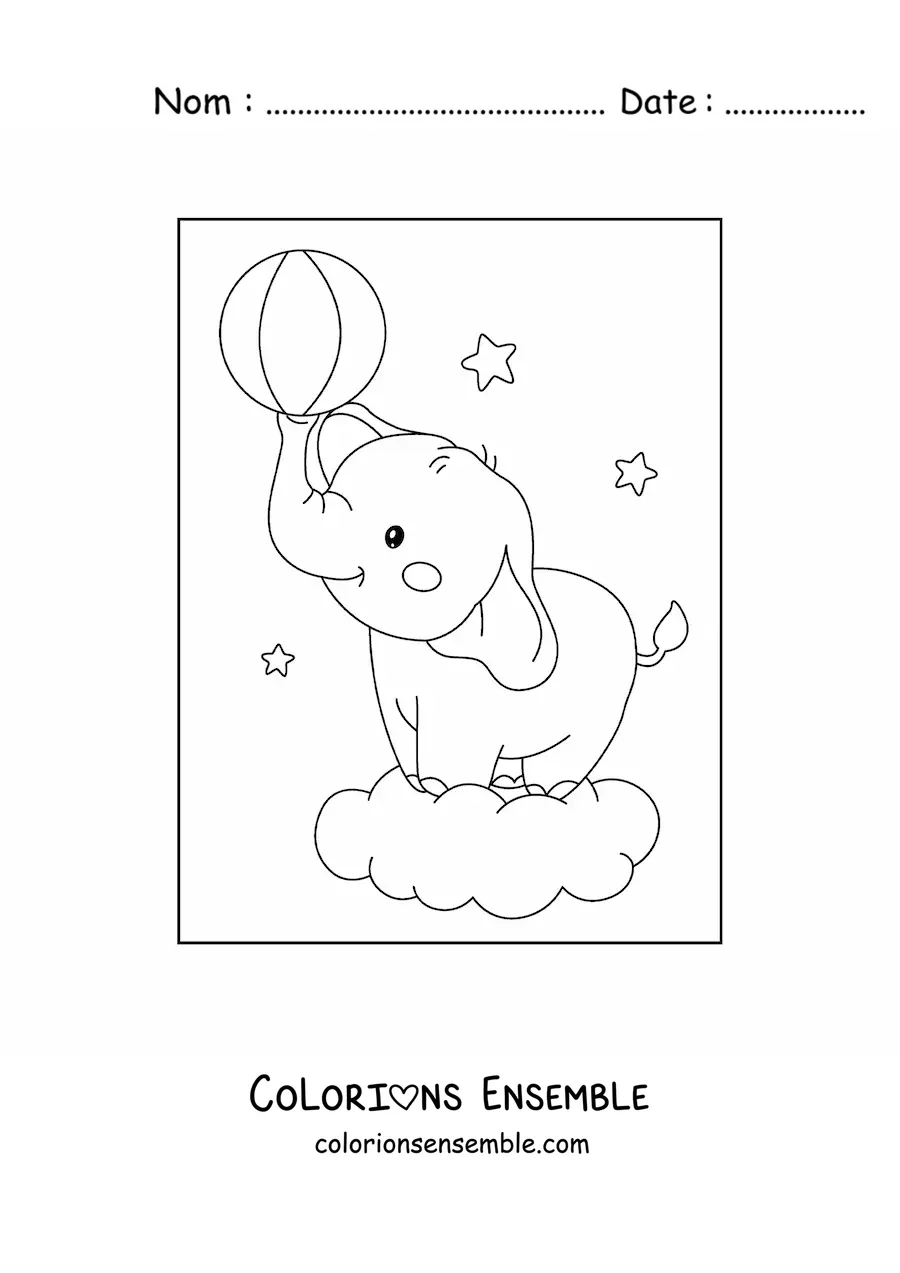 Coloriage d'un bébé éléphant kawaii qui joue avec un ballon