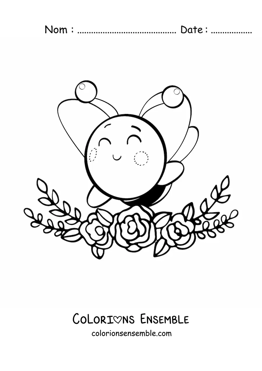 Coloriage d'une grande abeille kawaii avec des fleurs