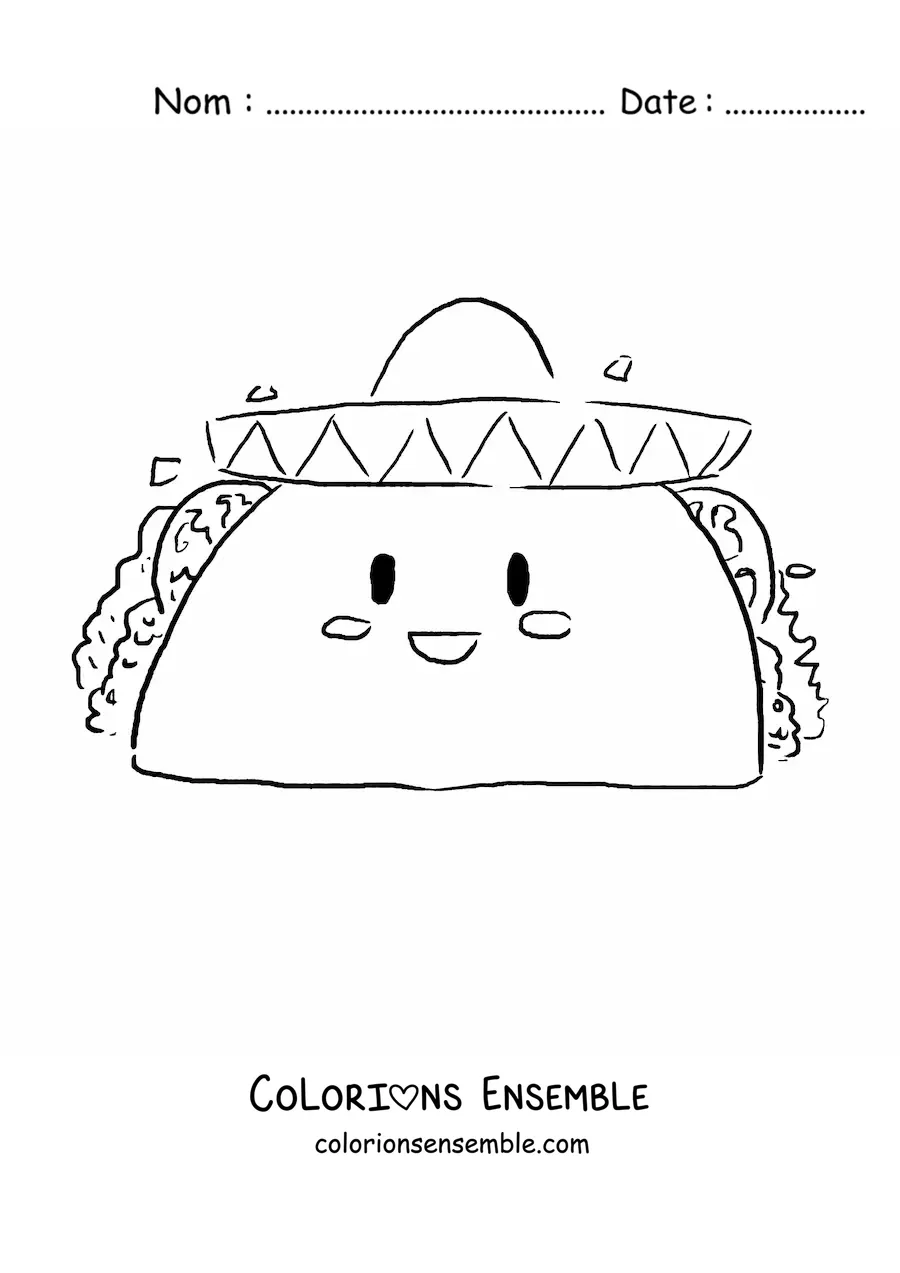 Image à colorier d'un taco kawaii avec un sombrero mexicain