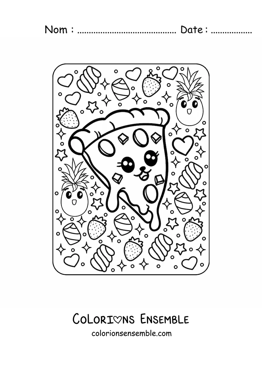 Image à colorier d'une pizza kawaii