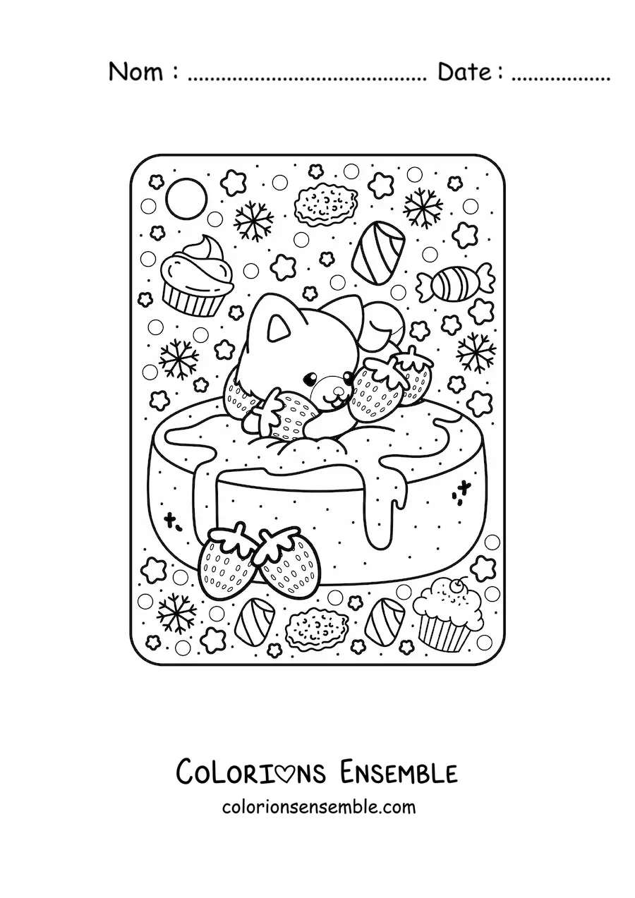Image à colorier d'un gâteau aux fraises avec un chien kawaii