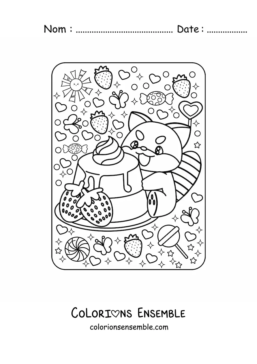 Image à colorier d'un dessert avec un panda roux kawaii