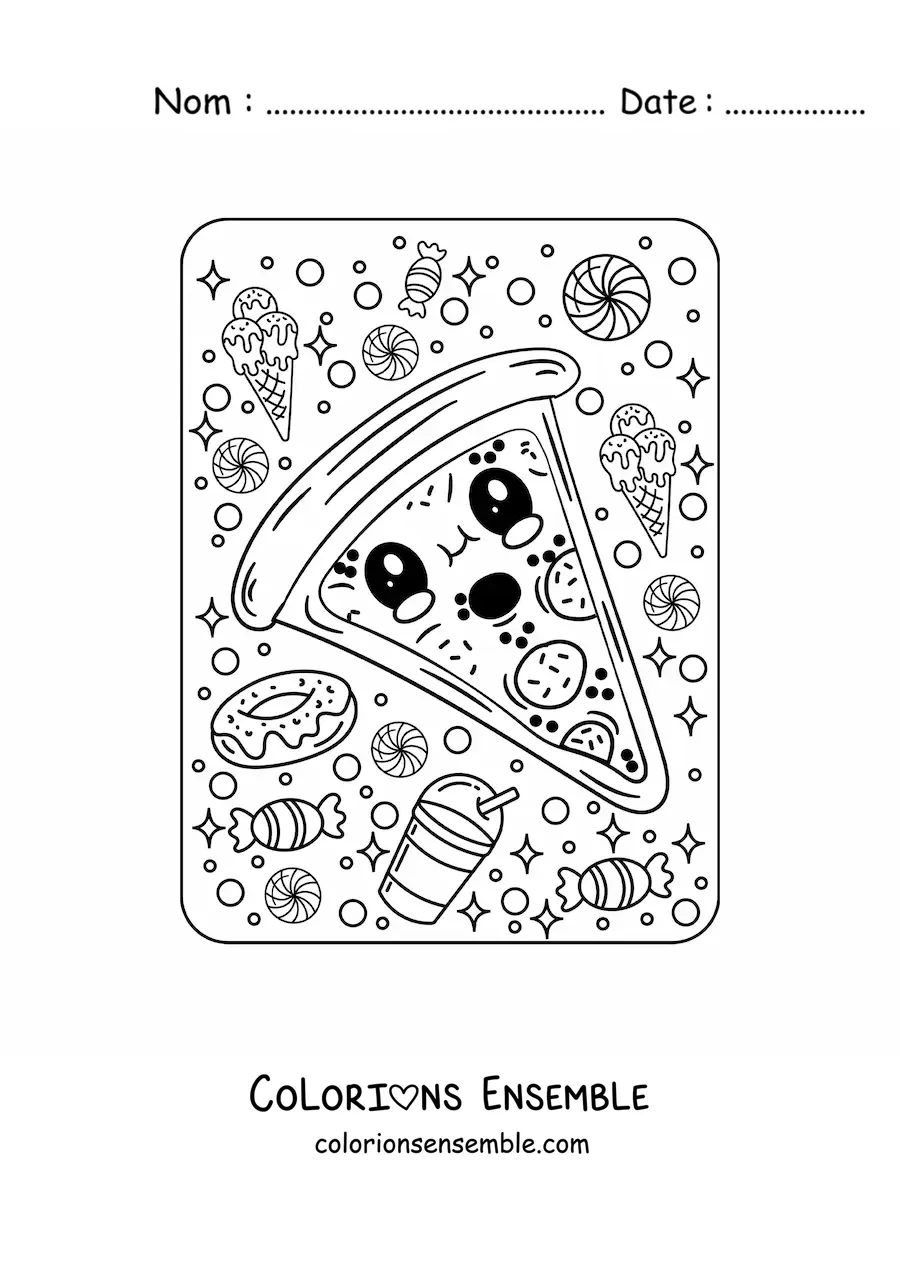 Image à colorier d'une part de pizza kawaii