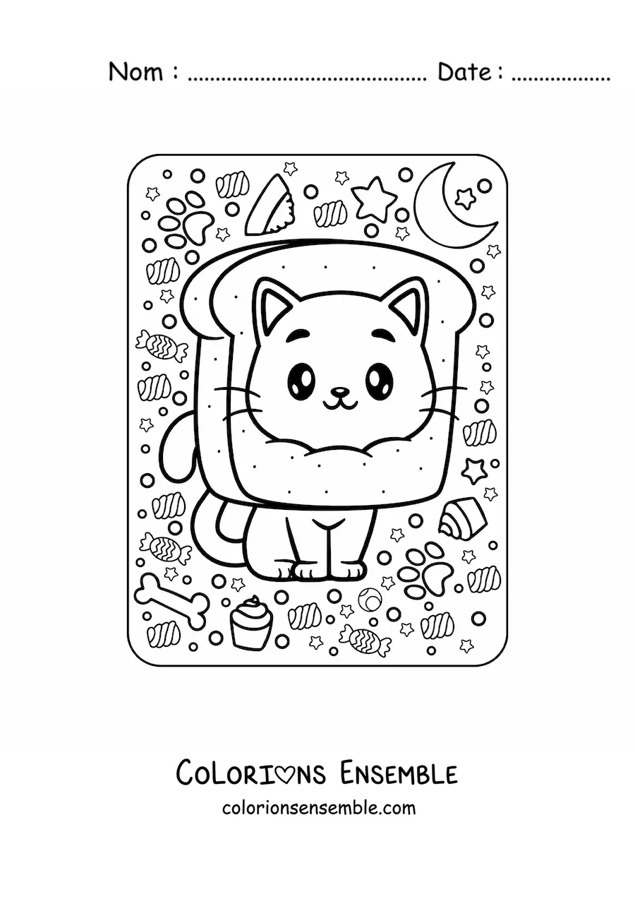 Image à colorier d'un chat avec du pain kawaii