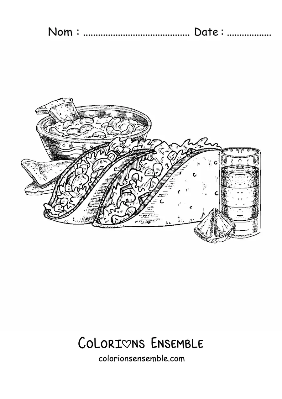 Image à colorier de deux tacos avec un verre de tequila et des nachos en arrière-plan