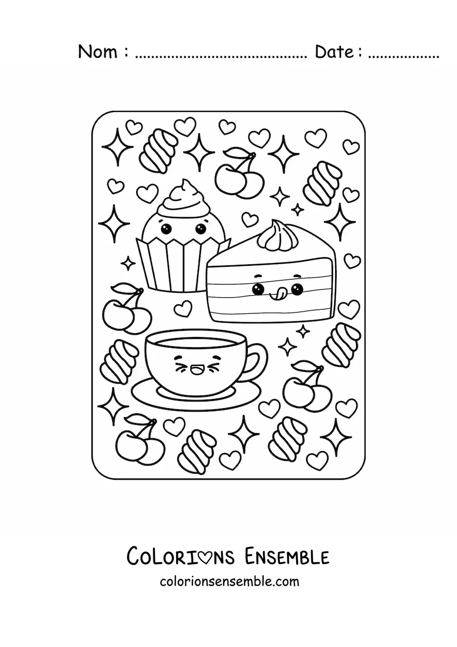 Image à colorier d'un cupcake et d'un gâteau sucré avec un café kawaii