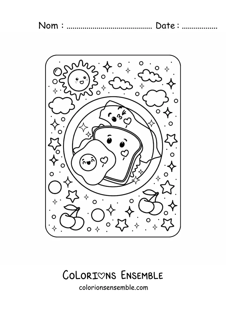 Image à colorier d'un petit déjeuner avec un sandwich, un oeuf et du bacon kawaii