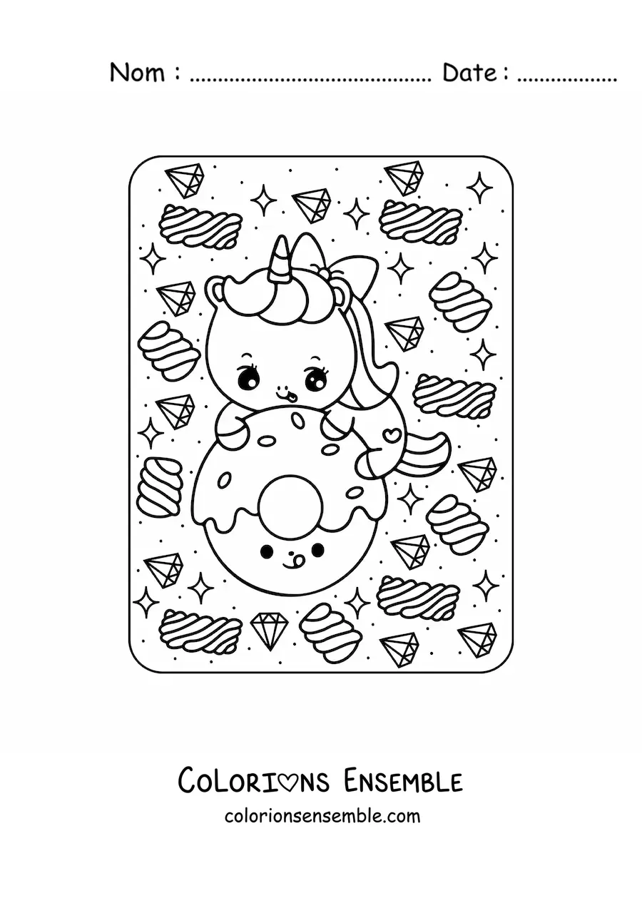 Image à colorier d'une licorne avec un donut kawaii