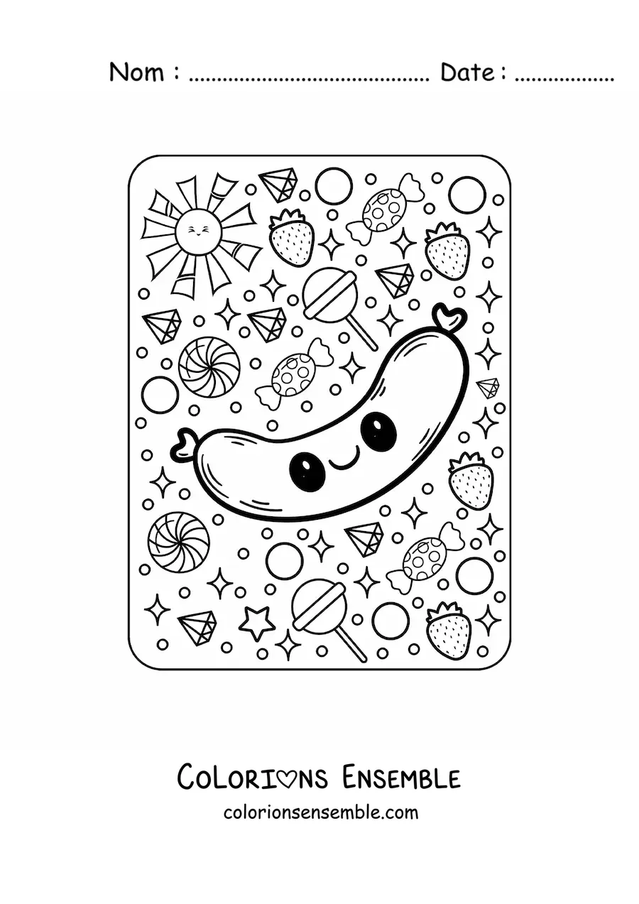 Image à colorier d'une grande saucisse kawaii