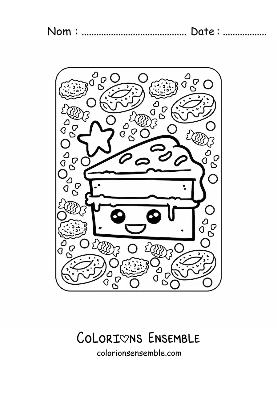 Image à colorier d'une grande part de gâteau kawaii