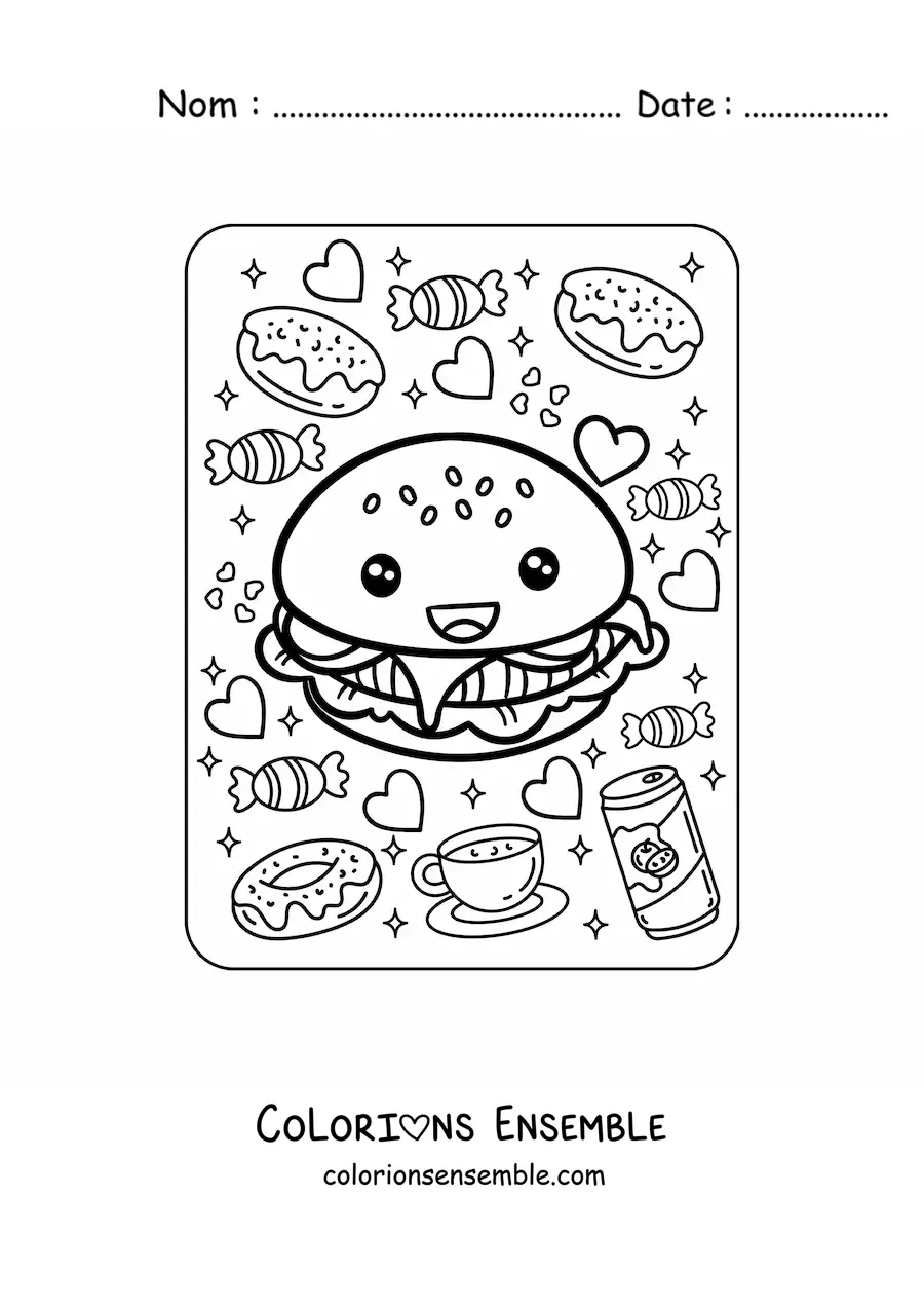 Image à colorier d'un grand hamburger kawaii