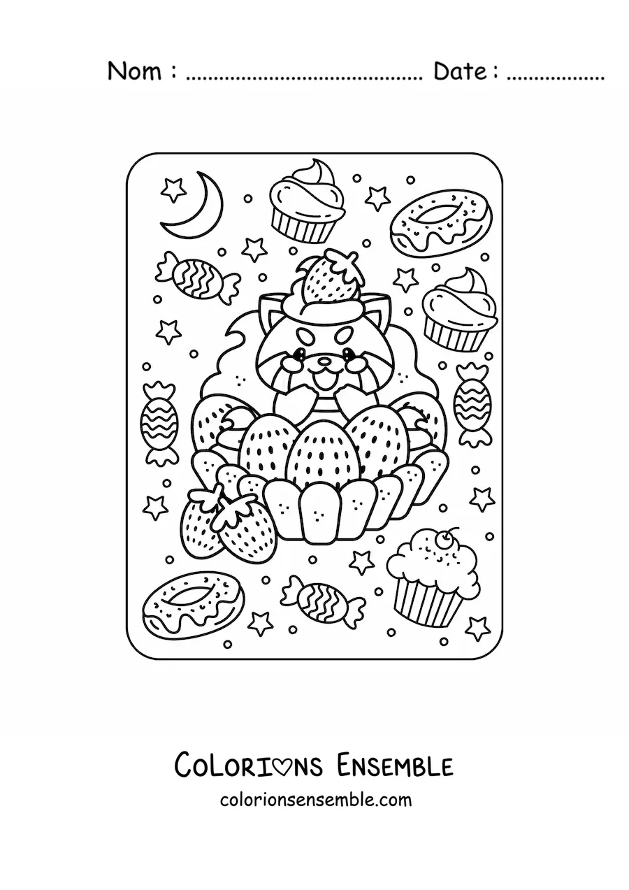 Image à colorier d'un panda roux sur un gâteau à la fraise kawaii