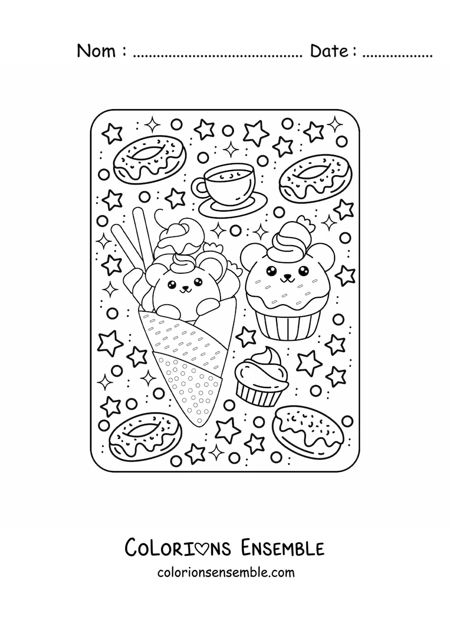 Image à colorier d'une glace et d'un cupcake en forme d'oursons kawaii