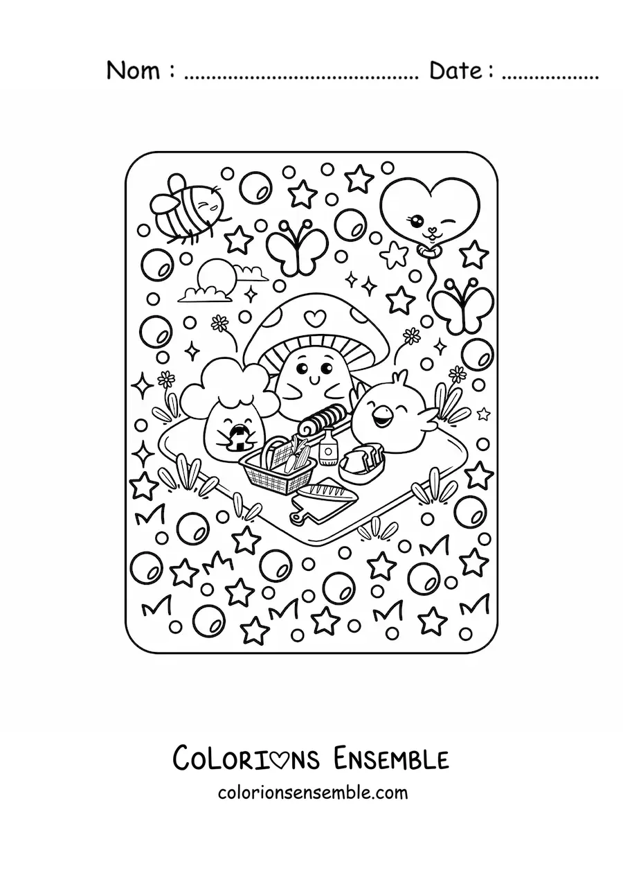 Image à colorier d'un champignon et d'un brocoli rigolos avec un poussin kawaii en pique-nique