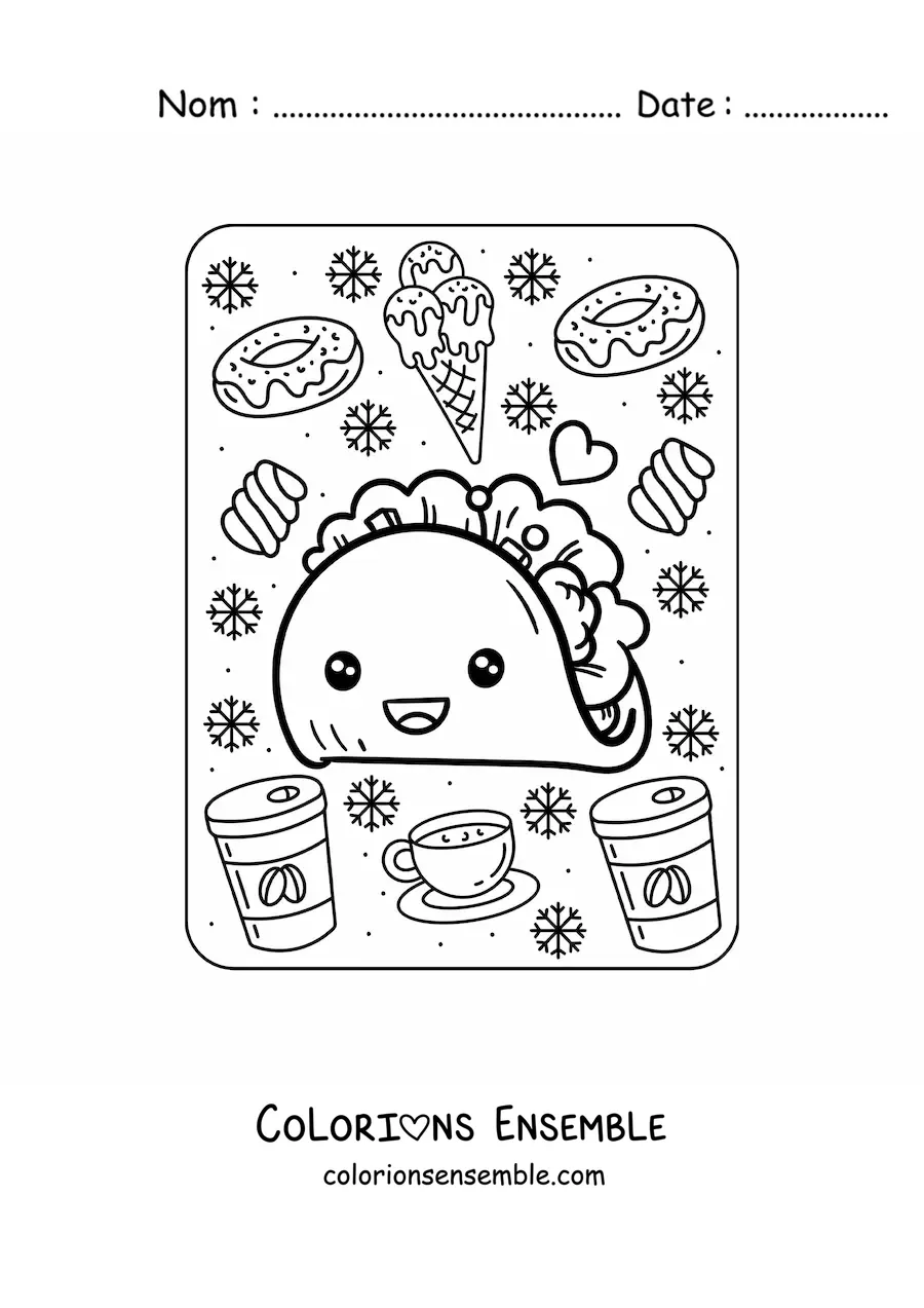 Image à colorier d'un grand taco kawaii