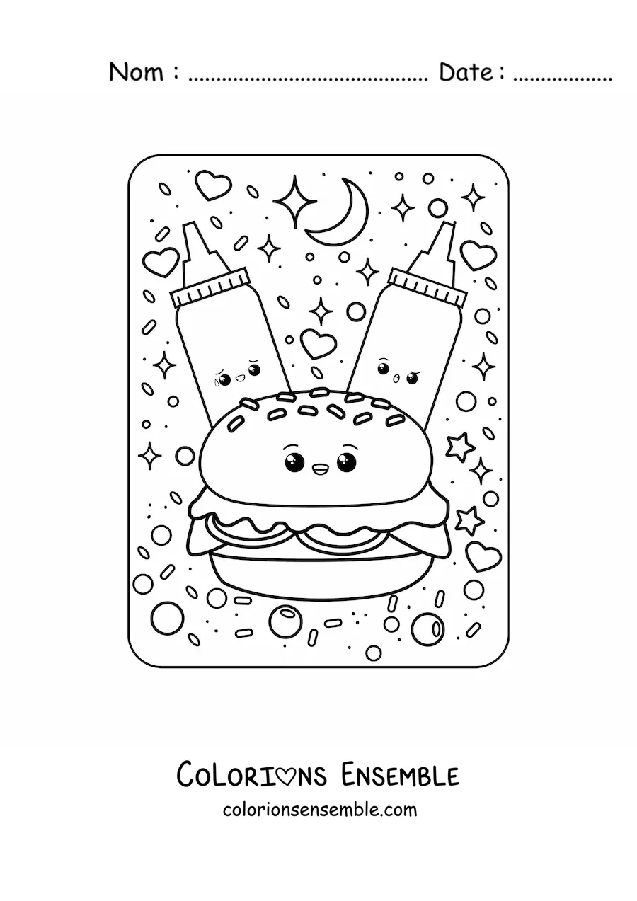 Image à colorier de grandes sauces et d'un hamburger kawaii