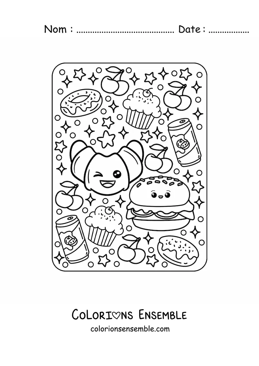 Image à colorier d'un grand croissant et d'un hamburger kawaii