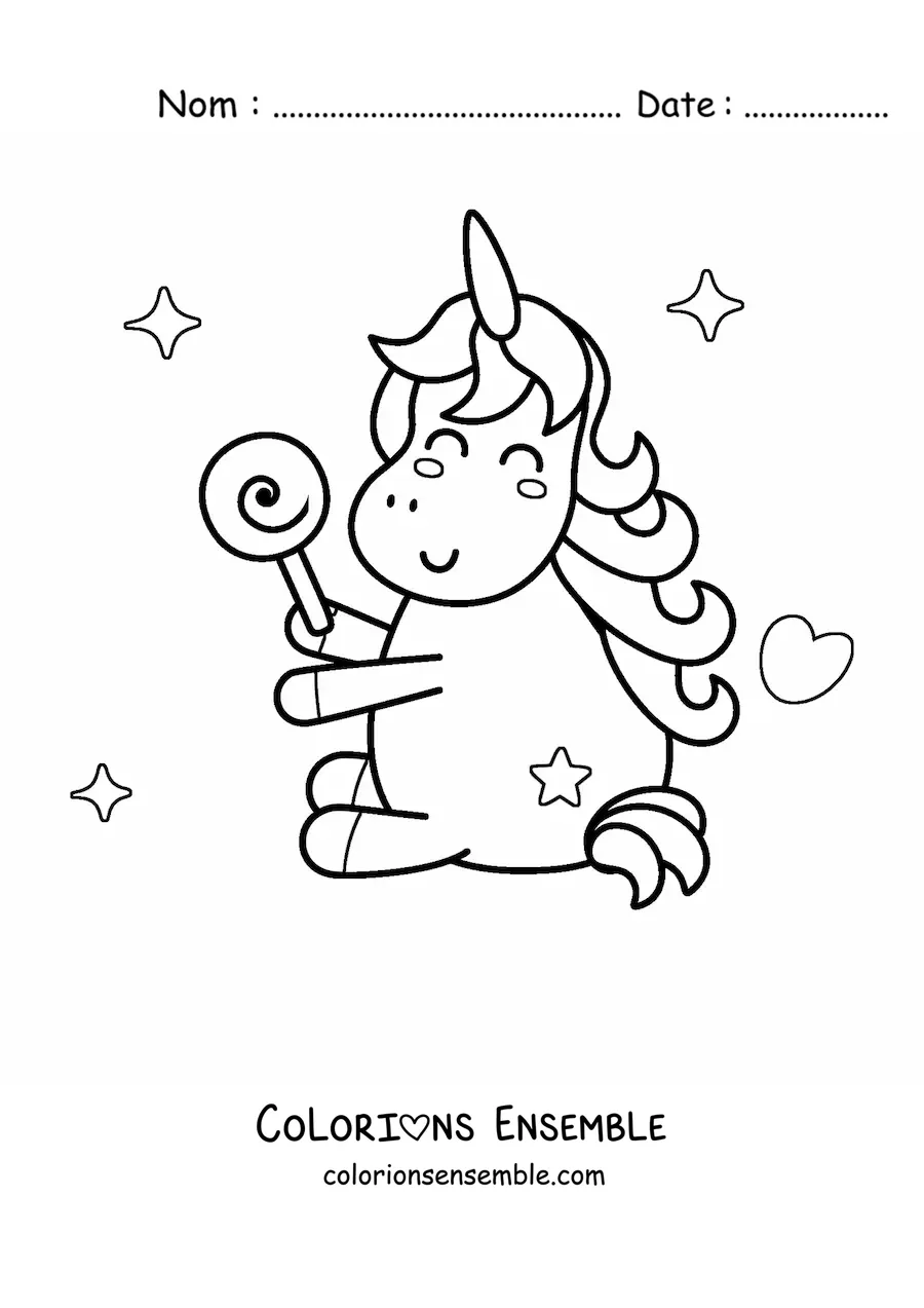 Image à colorier d'une licorne kawaii avec une sucette