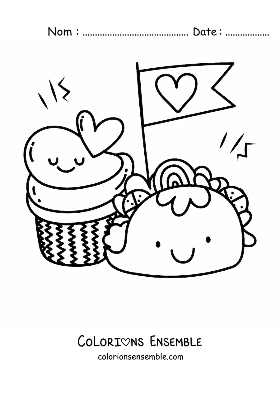Image à colorier d'un taco kawaii avec un cupcake