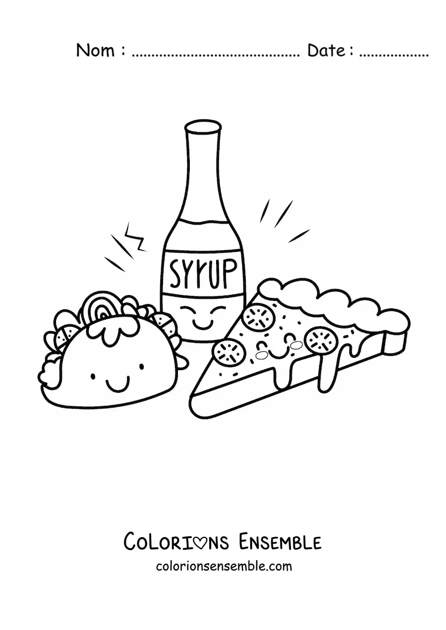 Image à colorier d'un taco kawaii avec une pizza