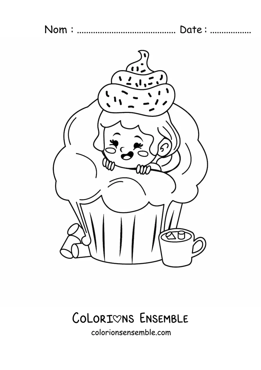Image à colorier d'une fille à l'intérieur d'un cupcake