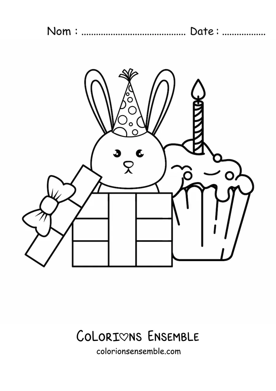 Image à colorier d'un lapin kawaii avec un cupcake d'anniversaire
