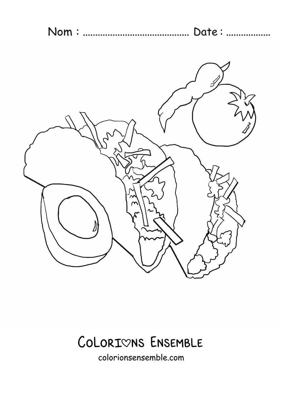 Image à colorier de deux tacos entourés de leurs ingrédients