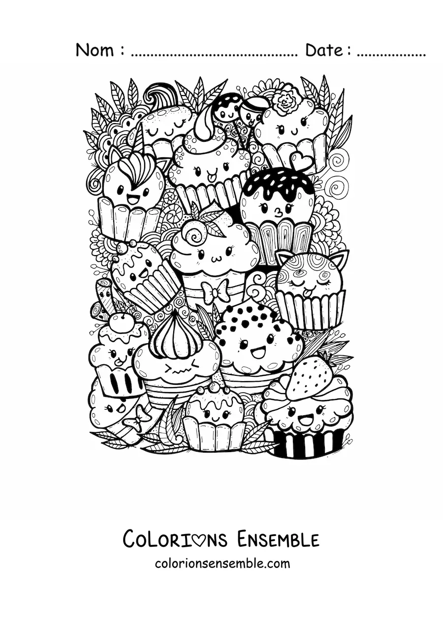 Image à colorier de cupcakes kawaii avec des gribouillis