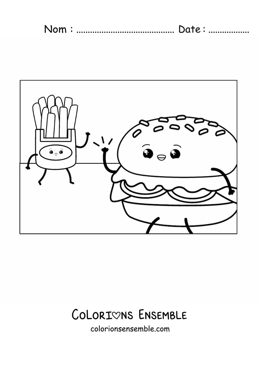 Image à colorier d'un hamburger rigolo avec des frites