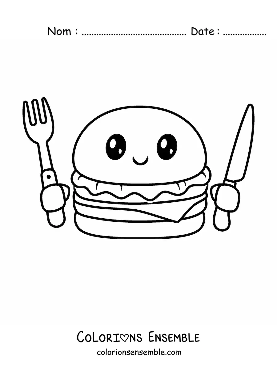 Image à colorier d'un hamburger kawaii avec des couverts