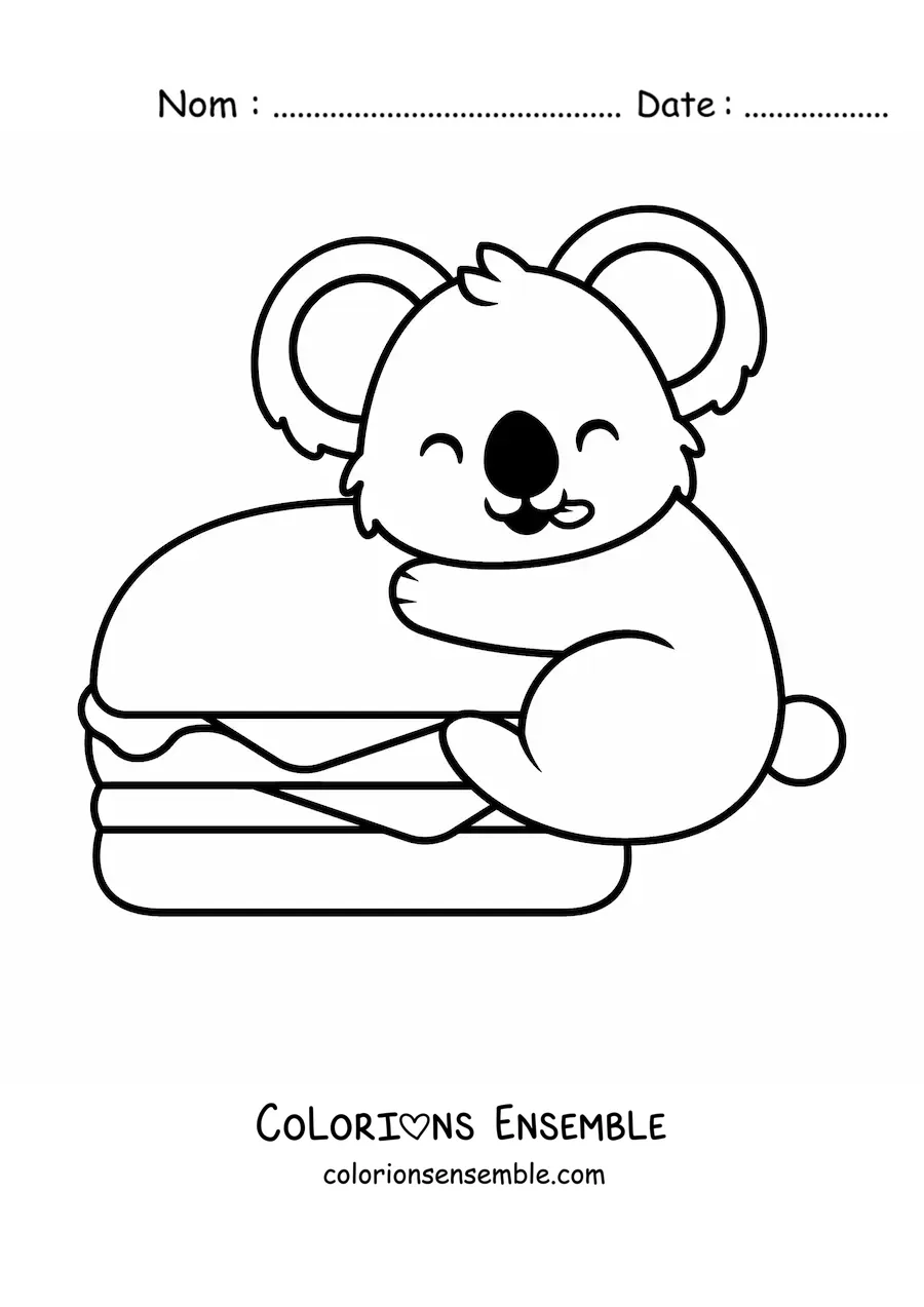 Image à colorier d'un koala kawaii avec un hamburger