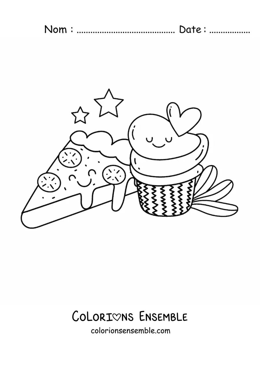 Image à colorier d'une pizza et d'un cupcake kawaii