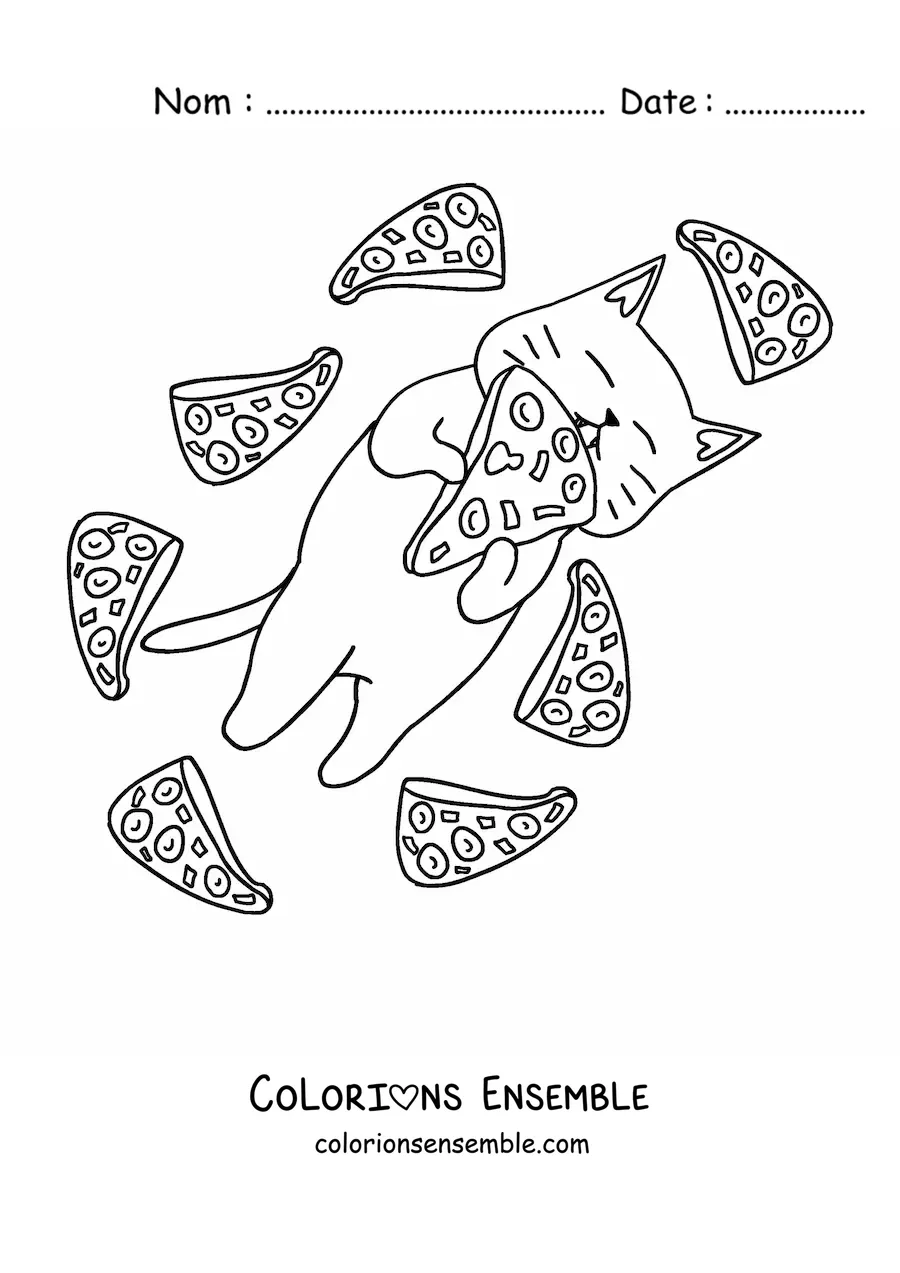Image à colorier d'un chat mangeant de la pizza