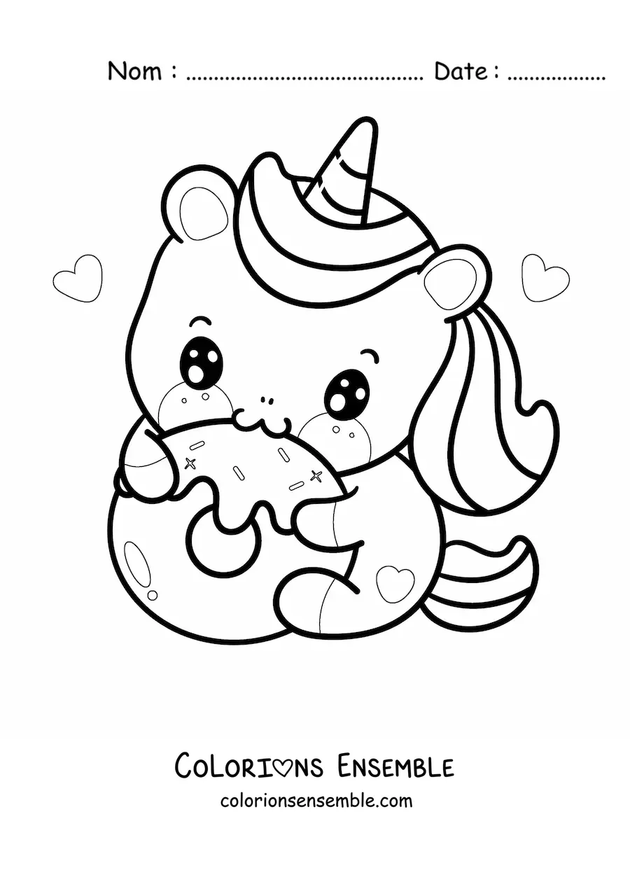 Image à colorier d'une licorne kawaii mangeant un donut