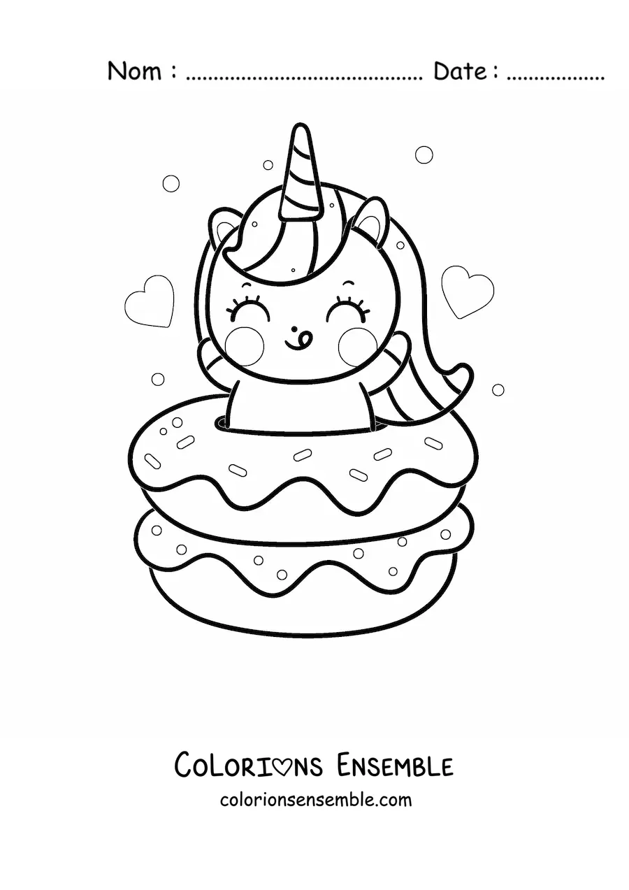 Image à colorier d'une licorne kawaii avec des donuts