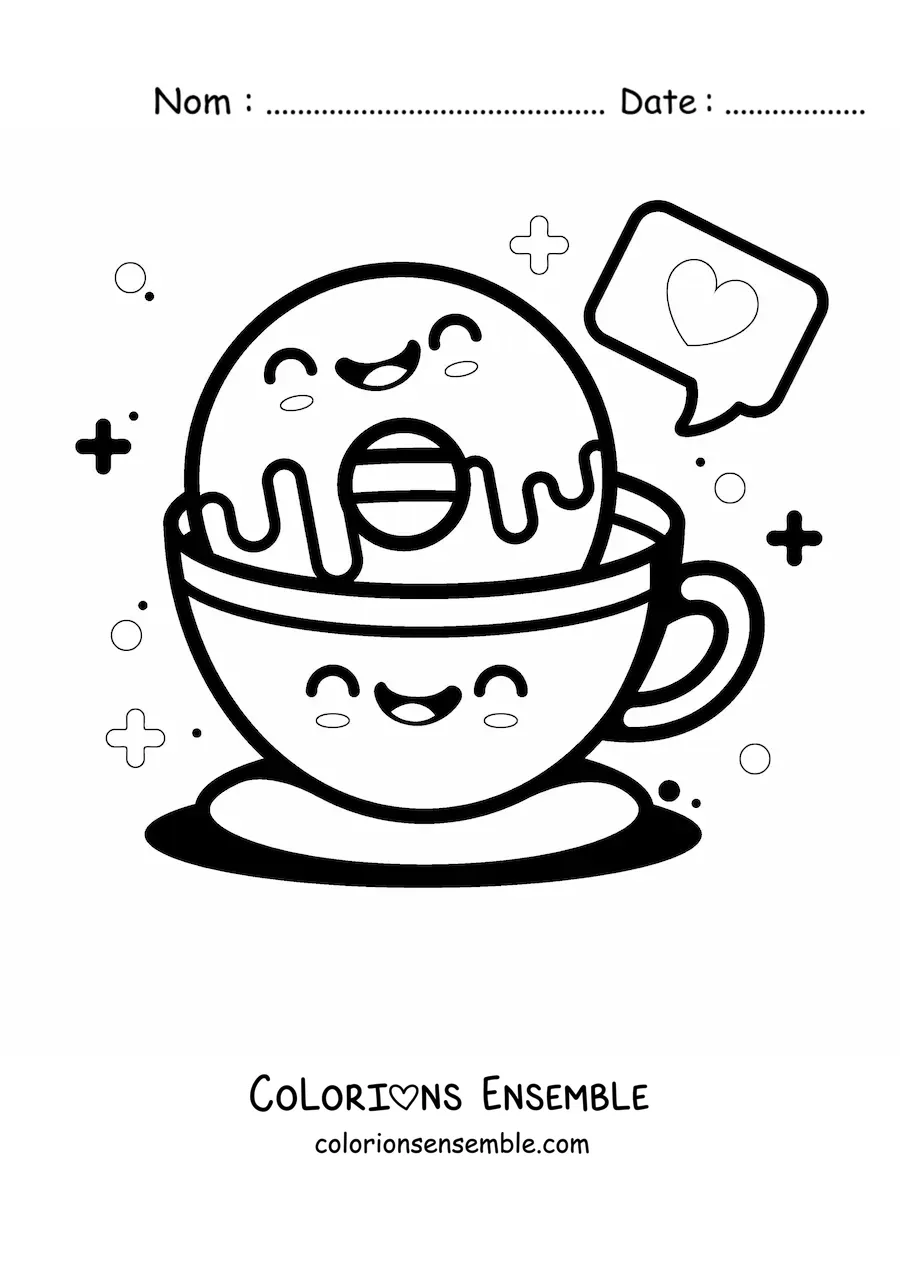 Image à colorier d'un grand donut et d'un café kawaii