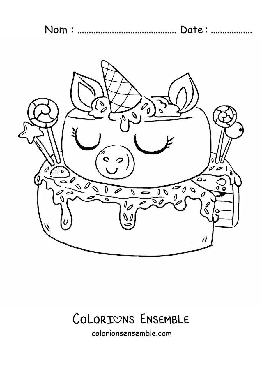 Image à colorier d'un gâteau licorne