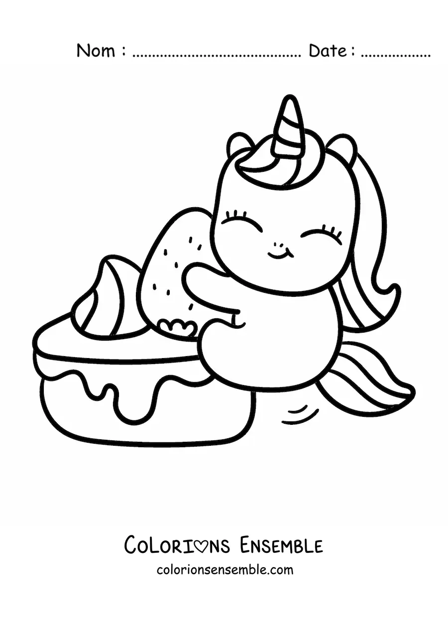 Image à colorier d'une licorne kawaii avec un gâteau à la fraise