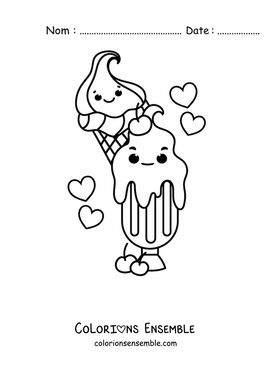 Image à colorier de glaces kawaii avec des coeurs