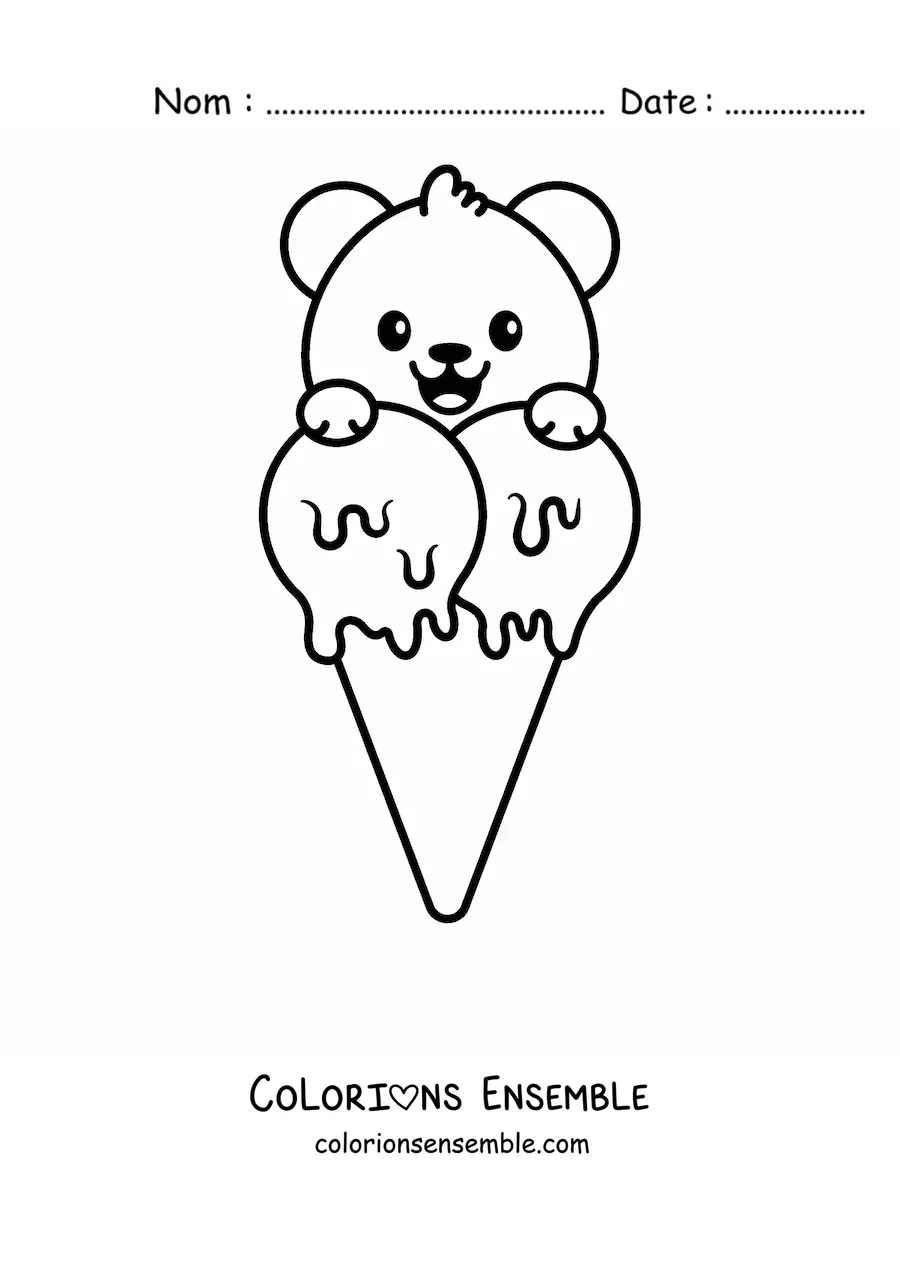 Image à colorier d'un ours kawaii avec une glace