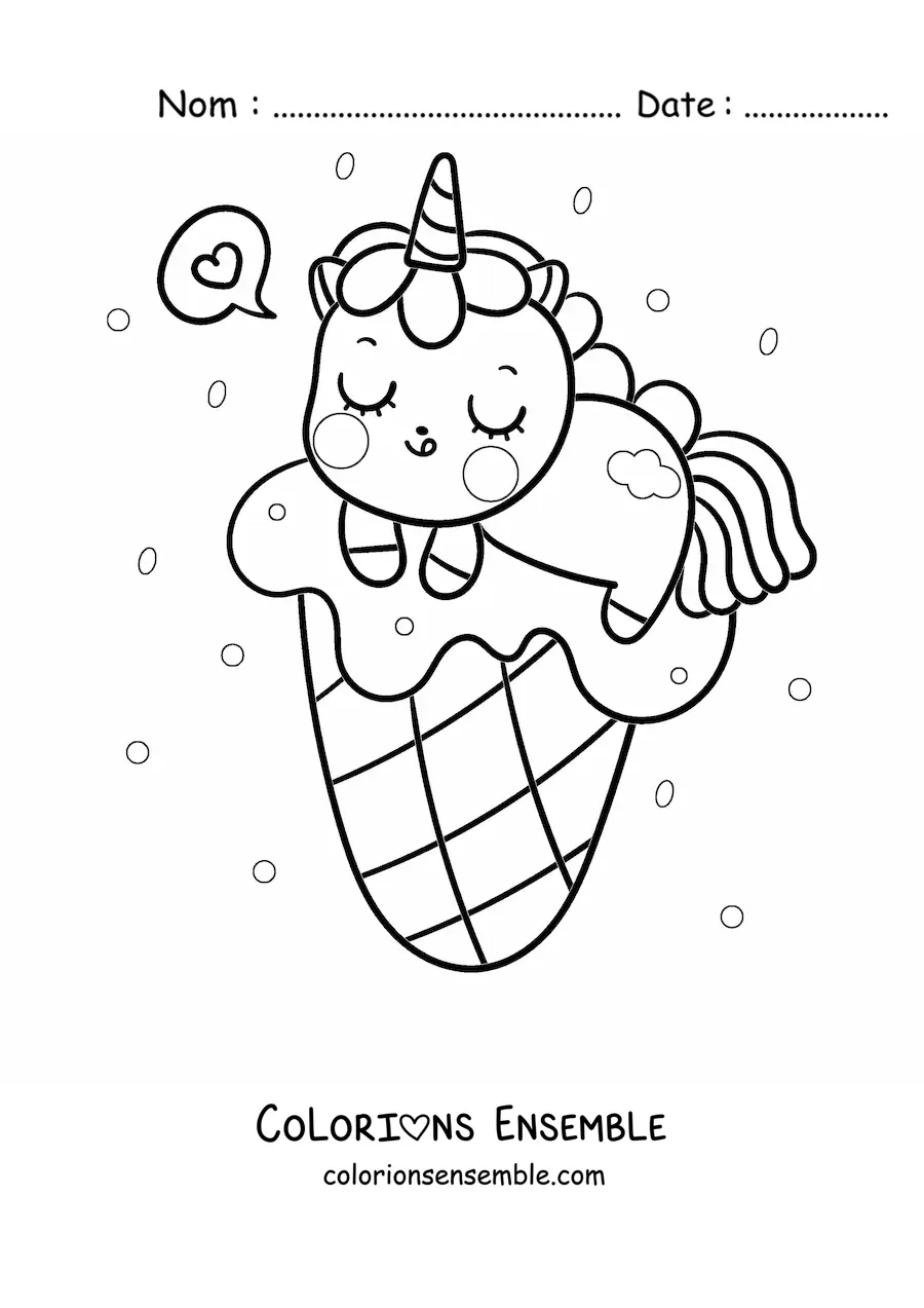 Image à colorier d'une licorne kawaii sur une glace