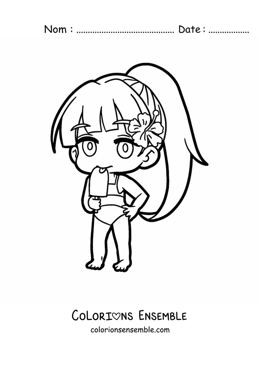 Image à colorier d'une poupée japonaise kawaii en bikini qui mange une glace à l'eau