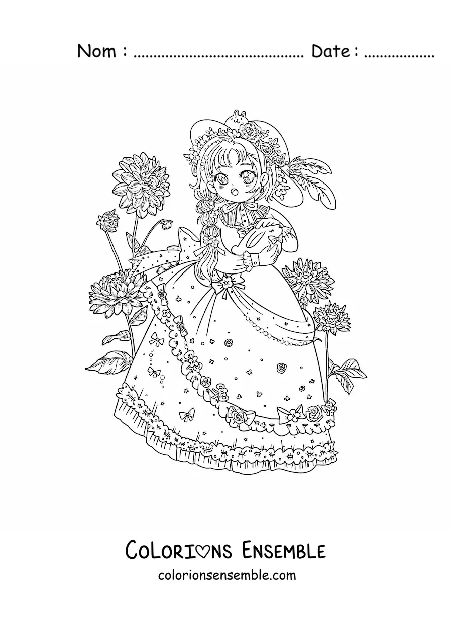 Image à colorier d'une fille anime kawaii style lolita