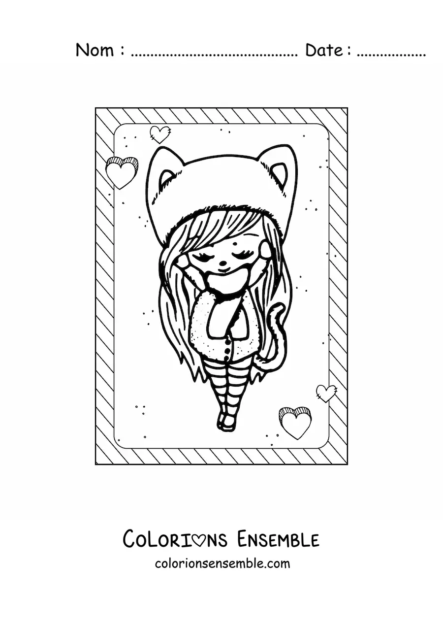 Image à colorier d'une poupée kawaii avec un bonnet à oreilles de chat