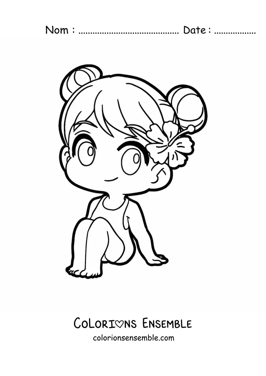 Image à colorier d'une fille kawaii assise en maillot de bain