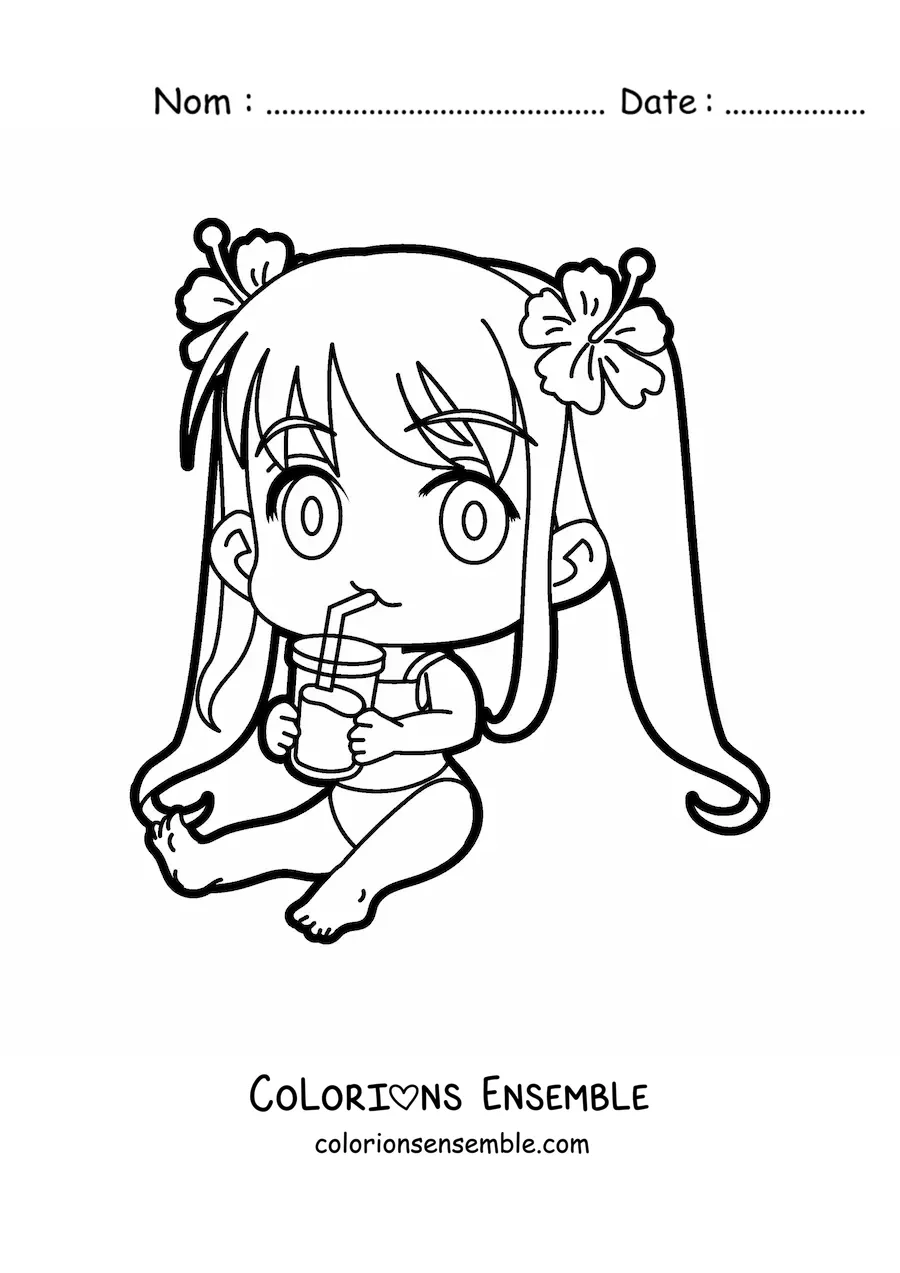 Image à colorier d'une fille kawaii assise en maillot de bain avec une boisson