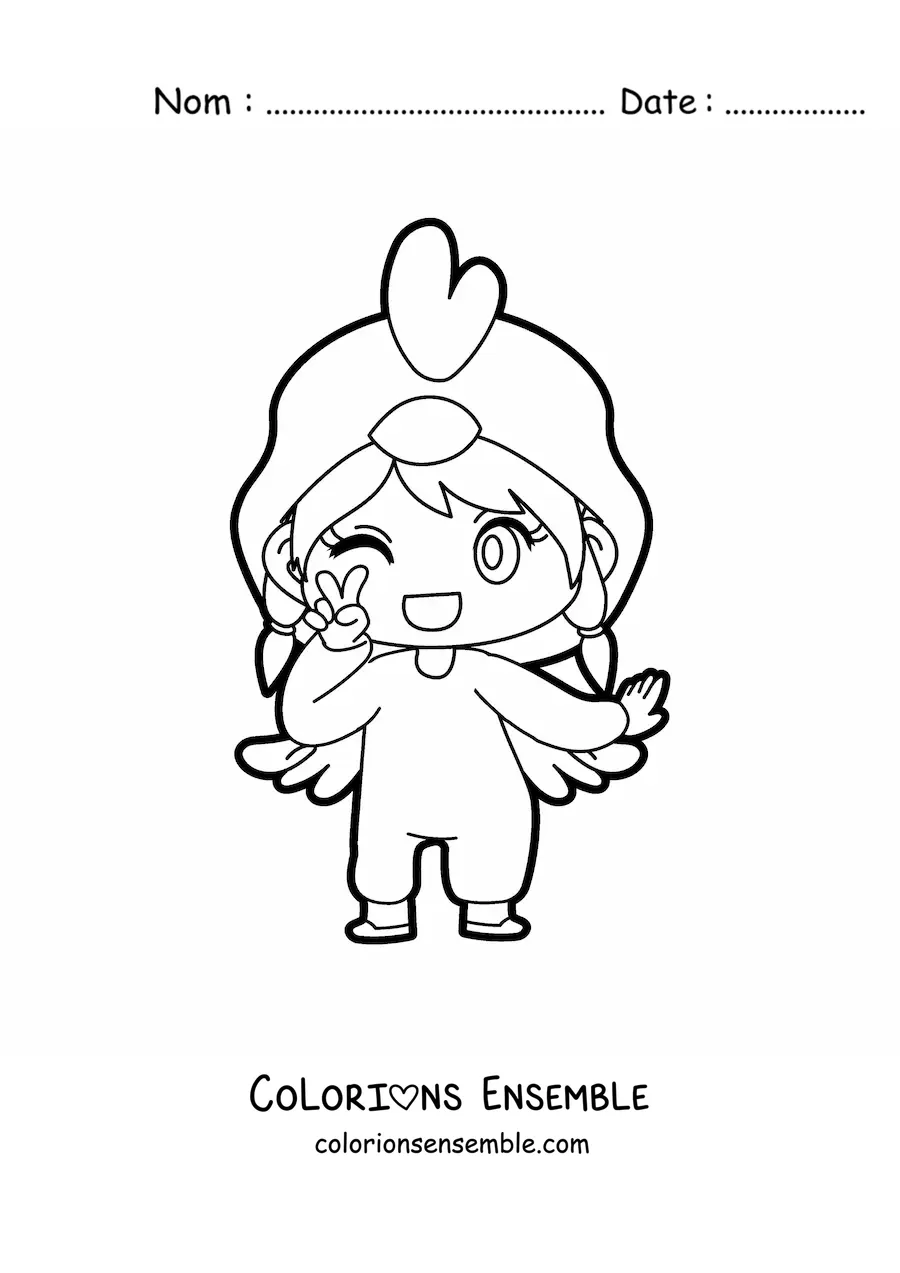 Image à colorier d'une poupée kawaii déguisée en poule