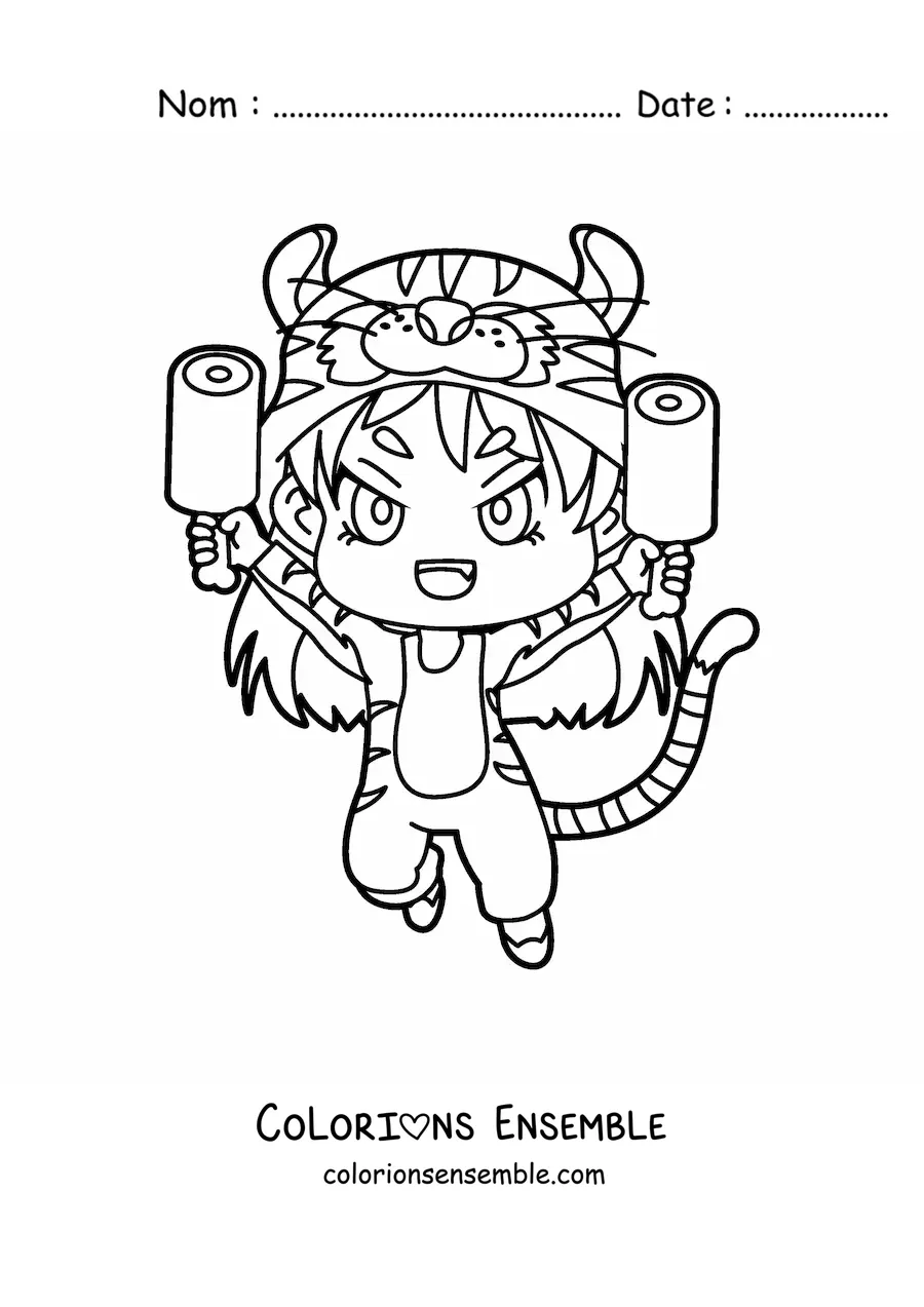 Image à colorier d'une poupée kawaii déguisée en tigre