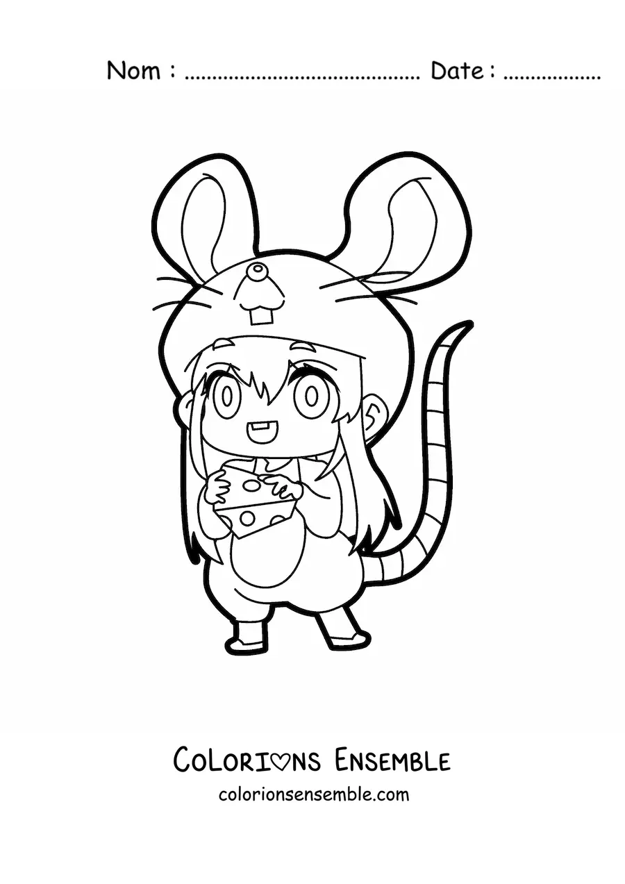 Image à colorier d'une poupée kawaii déguisée en souris