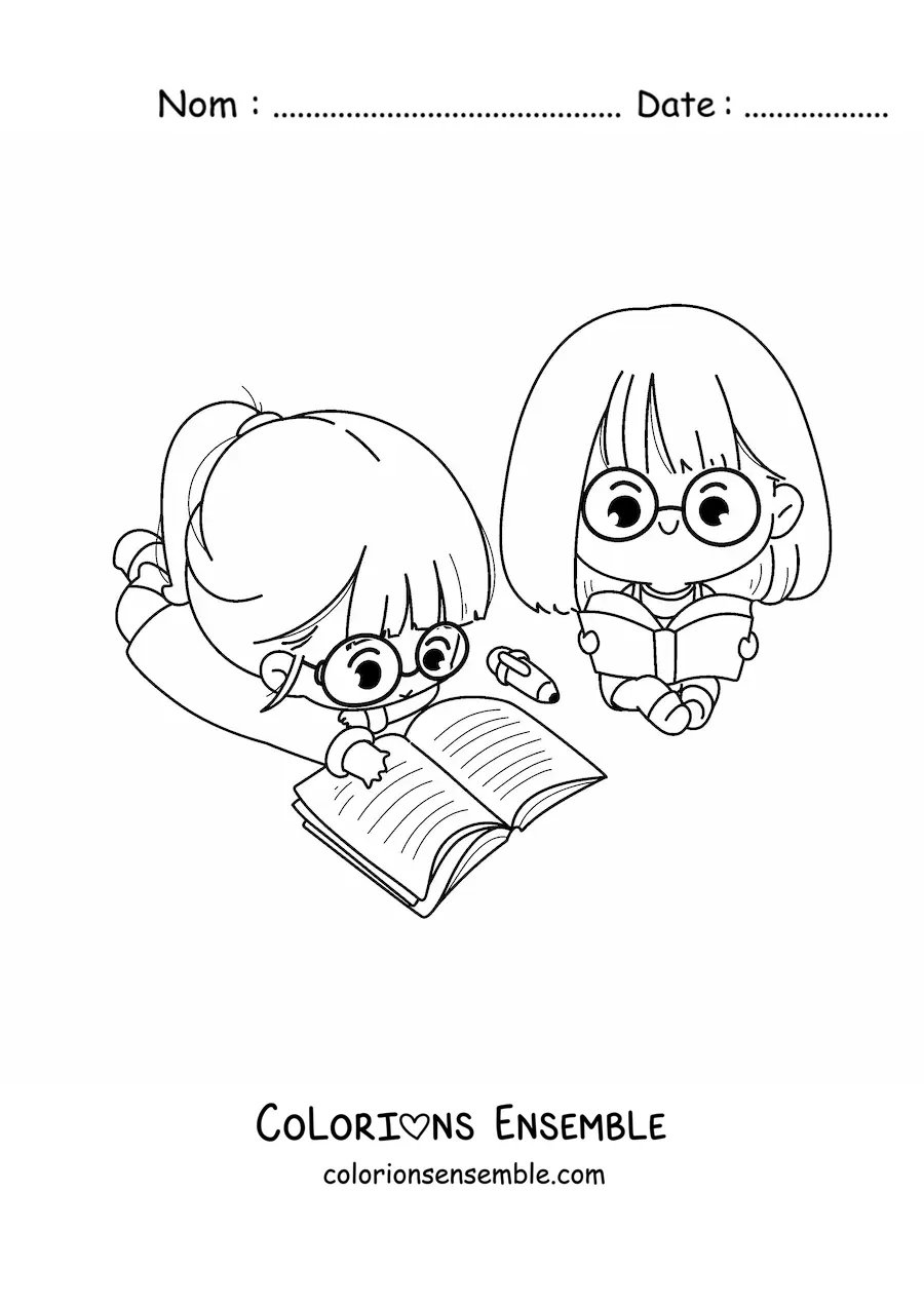Image à colorier de filles kawaii qui étudient